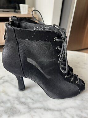 Burju "Simona" Lace-Up Dance Booties – Black Satin Mesh Open Toe, Suede Sole,7.